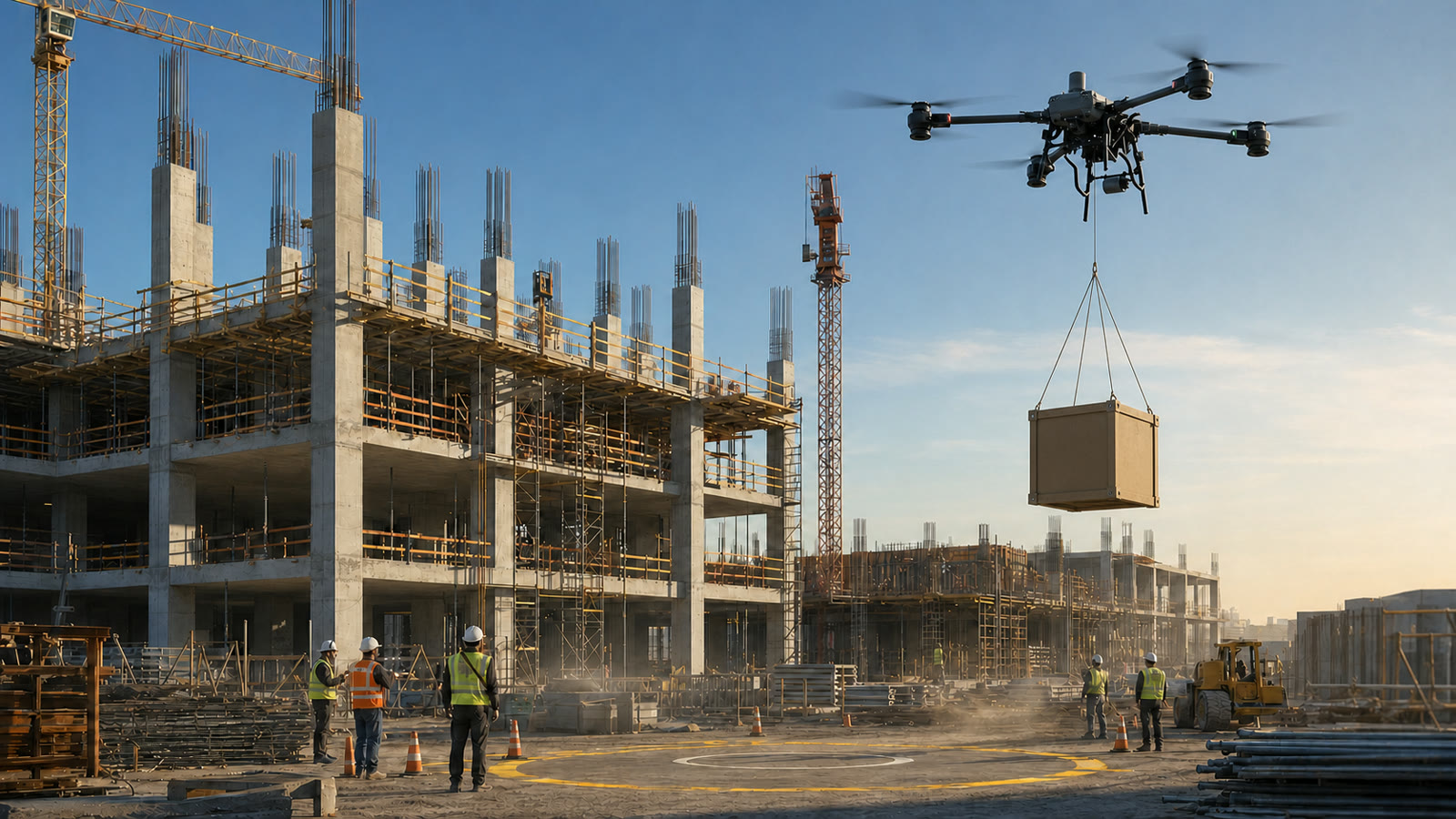 Cargo drone lowering one secured construction box by winch