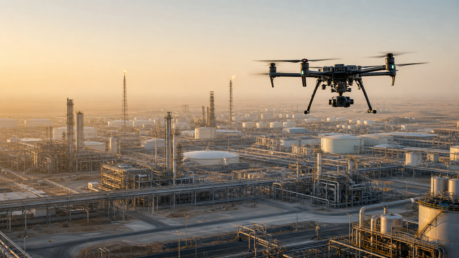 Inspection drone operating above an oil and gas facility