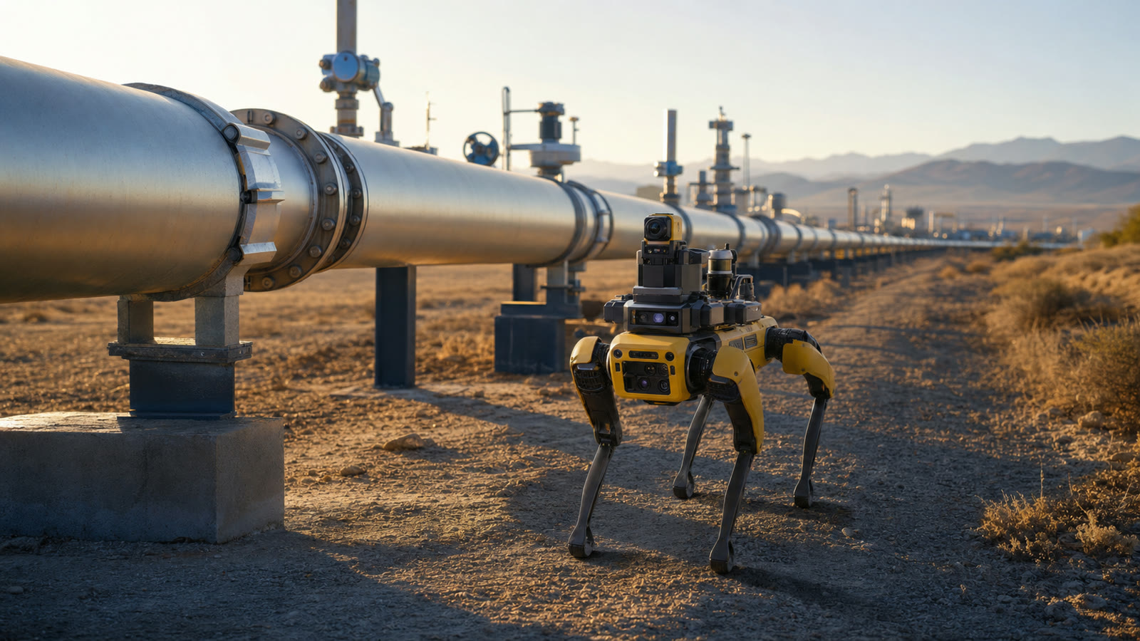 Quadruped inspection robot walking beside an energy pipeline