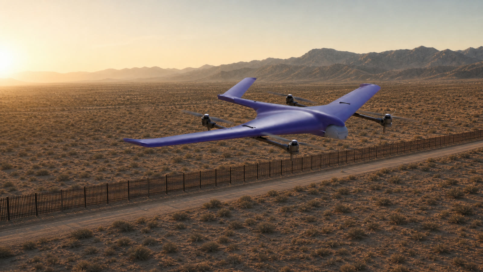 Fixed-wing eVTOL flying parallel to a remote border corridor