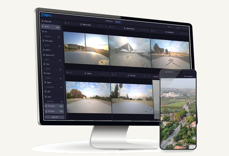 SkyWatch feed wall of six live drone and dock cameras, shown on a desktop monitor and a phone